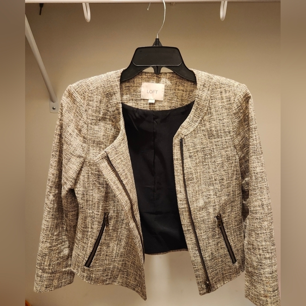 LOFT Tweed Zip-Front Jacket – Neutral Beige – Workwear Classic - Picture 3 of 4